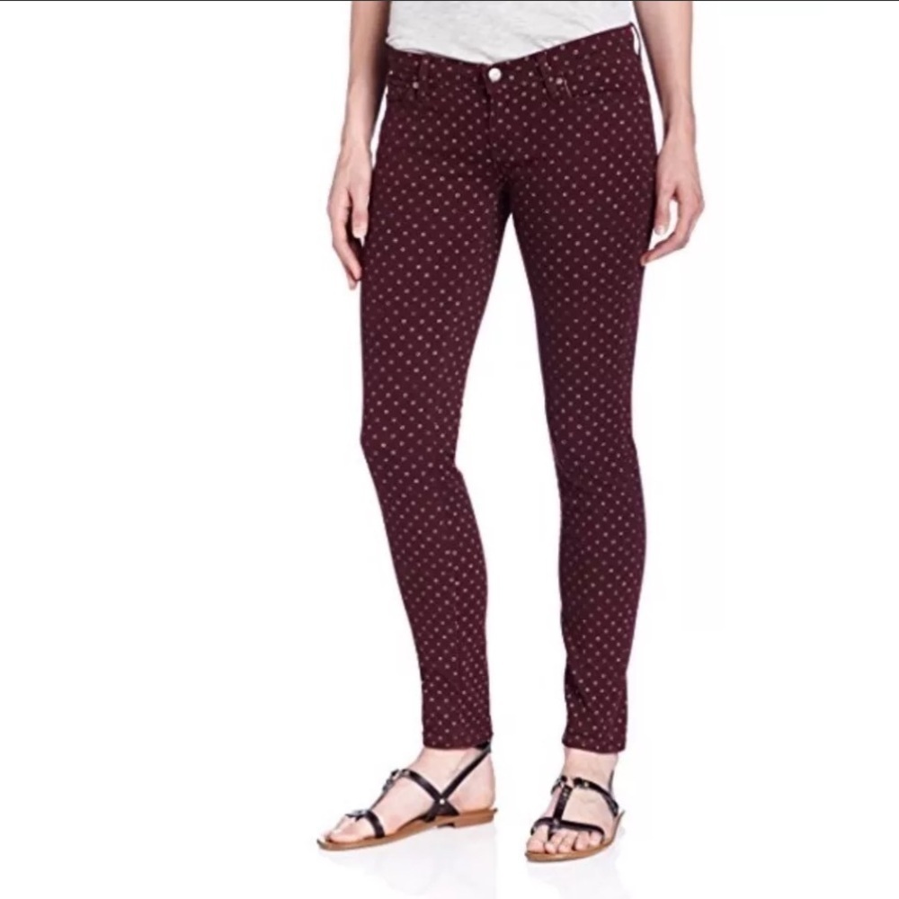 ROXY Low Rise Stretch SKINNY Leg Maroon Polka Dot Jeans Sz 7/28 Surf Beach Retro